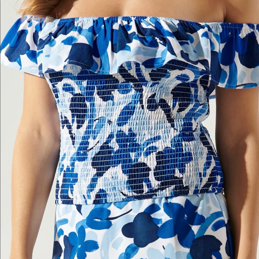 Sugarlips Gypsum Berry Floral Smocked Off the Shoulder Top